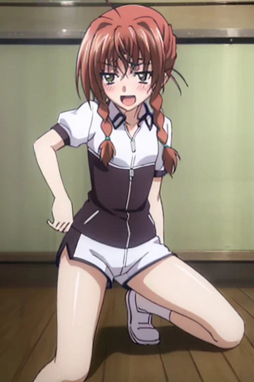 ((highest quality)), ((masterpiece)), (be familiar with), Perfect Face, indoor, Bedroom, Watching the audience,
One woman, Kiryu Aika,
Open Mouth, Ecstatic expression, blush, smile,
Small breasts, Flat Chest, Young Girl, , , Girl,
Long Hair, Braid,
Gym suit, White short sleeves, Black shorts, Leg spread,