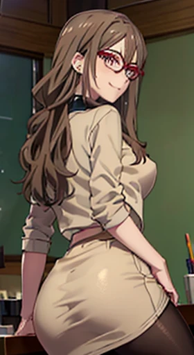 (Tabletop, highest quality, High resolution, , Pixel perfect, 4K,), 1 girl, single, alone, Beautiful woman、I could see the whole body、 ((Wavy mid-length hair, bangs, Brown Hair)), ((Brown eyes, Beautiful eyelashes, Realistic eyes)), ((Detailed face, blush:1.2)), ((Smooth texture:0.75, Realistic texture:0.65, Realistic:1.1, Anime CG Style)), ((Licorice Licorice)),((Mizuki Nakahara))Mid-chest, Dynamic Angle, Perfect body, ((, female teacher, , Earrings、necklace、Beige Turtleneck Sweater、black long flare skirt、Black knee-high stockings、、A shy smile、Put your hands behind your back、Leaning forward、Looking Back)), ((Red glasses))Excellent、、、evening、、(、、、Angle from below)、