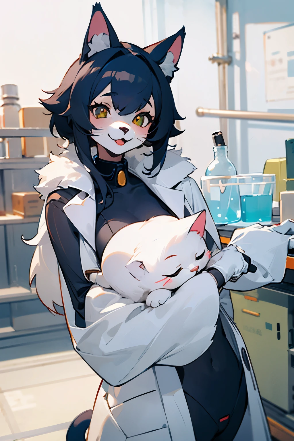 furry, cat, cute, anthropomorphic, girl, engineer, laboratory, fur