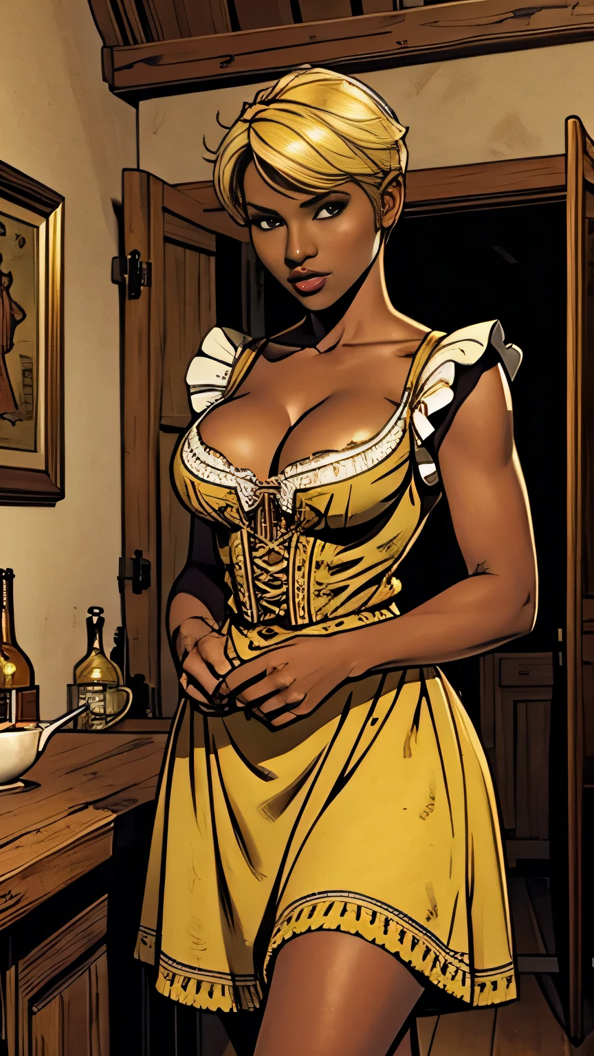 masterpiece, best quality, blond pixie  hair ,dark skin, large breasts, cleavage, dirndl, cowboy shot, indoors