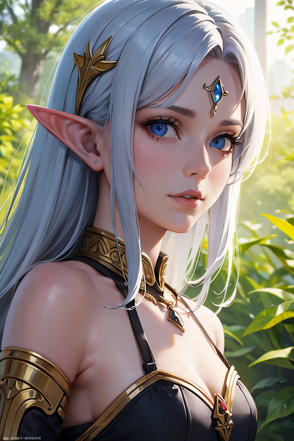 8K, best quality, Artwork, Ultra high resolution, (Realism: 1.4), original photo, (Realistic skin texture: 1.3), (Film grain: 1.3), (Selfie angle), 1 female elf, clothes silver archer, Sapphire eyes and beautiful face details,pointed ears, Artwork, best quality, close up, torso