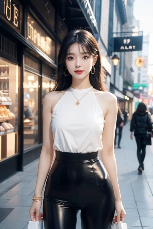pretty girl: Asian, super cute;
Age: from 18-20 years old;
skin: ivory white, rosy and flawless;
hair: bronze orange, smooth, shimmering in the sunlight, detailed;
eyes: jet black, almond shaped, sexy, youthful, clear, super detailed, elegant, seductive, sharp, realistic, eye-catching makeup;
eyelids: delicate, perfect beauty;
Eyebrows: arched, sparse, sharp;
face: beautiful, pure, fairy, light makeup, lovely, perfectly balanced, beautiful in every detail;
nose: pretty, lovely, high;
Cheekbones: prominent;
lips: seductive, light red lipstick, lovely lip gloss;
teeth: smile brightly, pure white;
body: full of youth, tight clothes;
accessories: necklaces, earrings, bracelets;
Clothing: mesh fabric, metallic thread, shiny;
Fashion style: high-end, modern 2024, luxury;
Photo quality: non-NSFW, 8K CG HD, sharp, super beautiful graphics, professional, detailed, vibrant colors, super smooth, advanced techniques, true RAW;
lighting: complex color scheme, golden-black rays;
sunlight: sparkling, illuminating the girl's body;
Background: random, beautiful;
(((girl standing on the shopping street))), smiling girl;
colorful street art, visually appealing photographs;