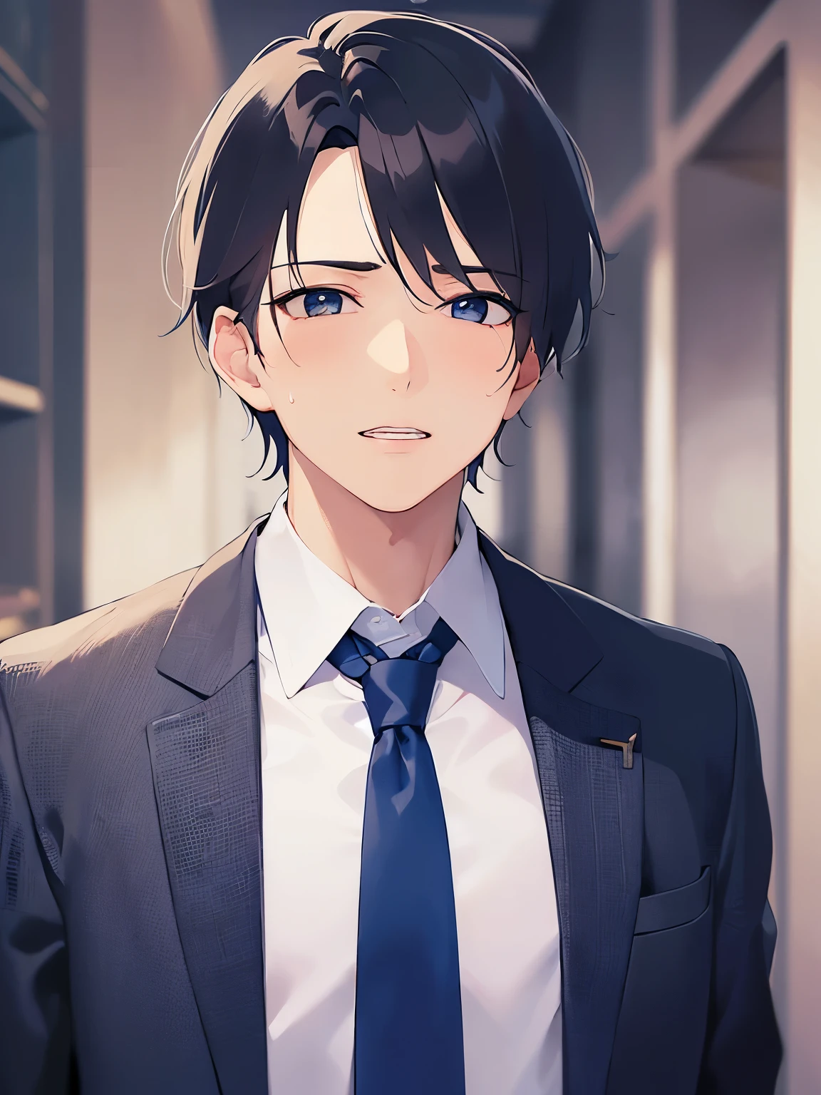 masterpiece, highest quality, (28-year-old male: 1.5) and (Short black hair) and (blue eyes) , (white collared long sleeve shirt:1.5)and（Blue tie：1.1）, standing, The background is inside the elevator, (alone: ​​​​​​1.5)、（Facial sweat）、（Anxious face）、(embarrassed:1),(sweat：1.2）、(trembling:0.5),(parted lips:0.8),(harf open eyes:0.7)