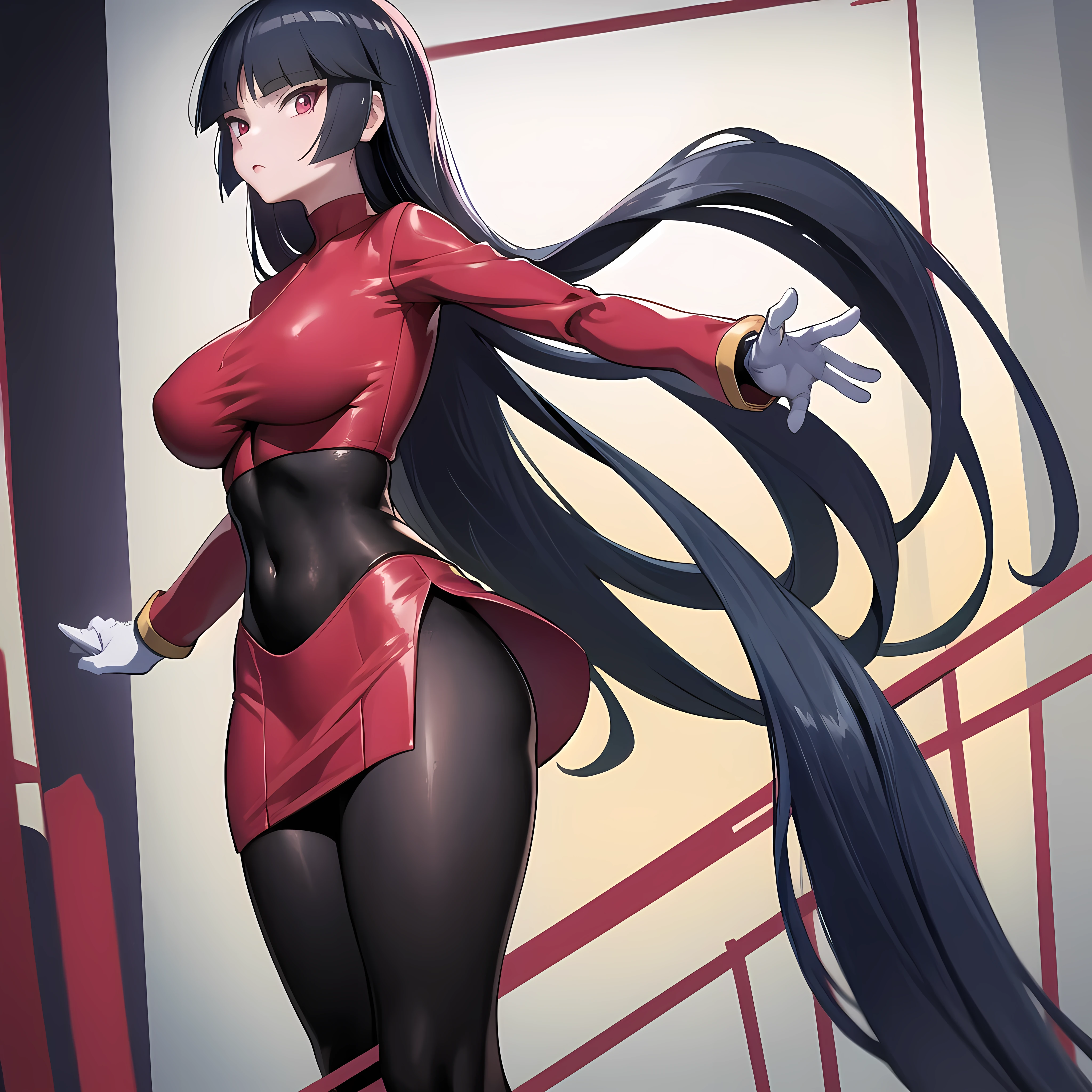 masterpiece, best quality, frlgsabrina, blunt bangs, very long hair, black hair, black bodysuit, red crop top, red sleeves, red skirt, white gloves, black pantyhose, large breasts, looking at viewer, from side, hallway