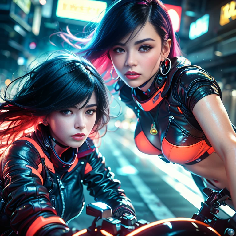 (highest quality、4k、8k、High Resolution、masterpiece: 1.2)、Super detailed、(Real、Photorealistic、Photorealistic: 1.37)、photograph、(Close-up of face from the front and side:1.7)、((A young and extremely beautiful woman))、The woman is wearing protective gear、(Ride a bike and gallop)、(Lean the bike around the corner)、(Flowing hair and flowing clothes、background、motion blur effect:1.37)、spark、incandescent lamp、Neon color、Future City、Vibrant streets、Light reflections on wet sidewalk、skyscraper、Sculptural architecture、Holographic Signage、Stylish and sophisticated design、Blurred motion of speeding vehicles、energy and excitement in the air、(Windy atmosphere)、Moonlit cityscape、xuer future motorcycle