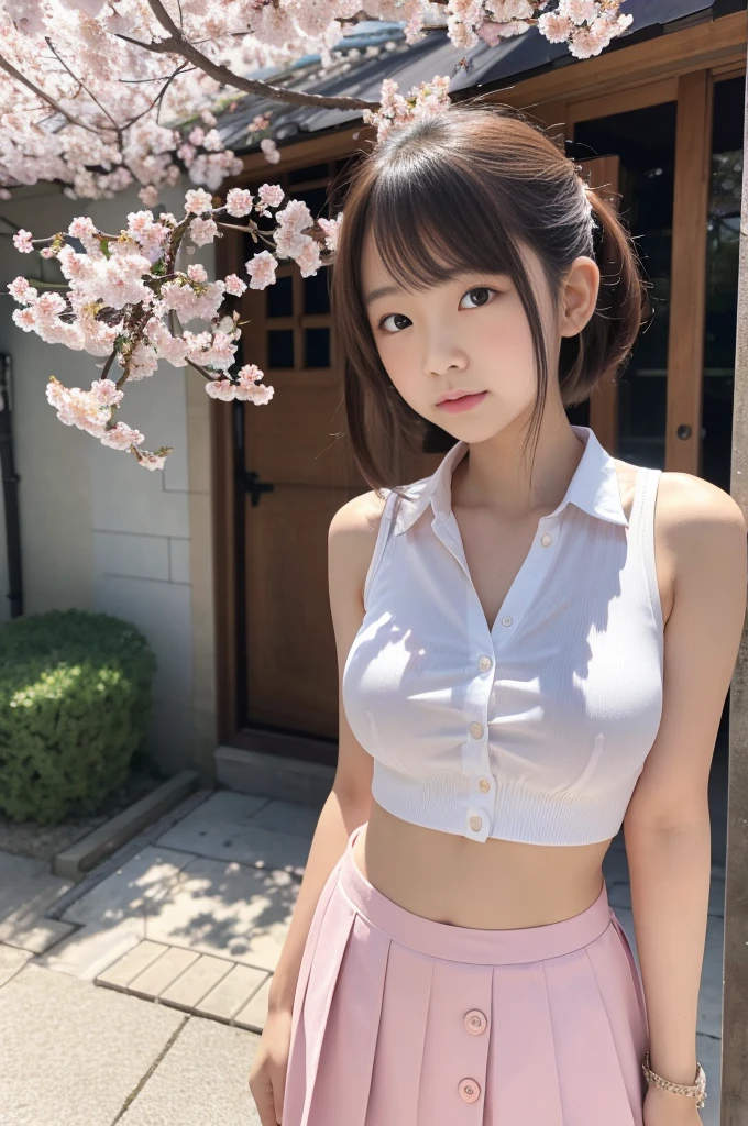 8k,masterpiece,Japanese,9--old l,from the front,whole body,Embarrassed face,Innocent face,Childish,Large Breasts,A sleeveless shirt with white buttons and a collar that accentuates the shape of the bust,Very short skirt,Belly button,Erect nipples,She lifts her skirt to show off her underwear,semi-long,noon,bright,One cherry blossom