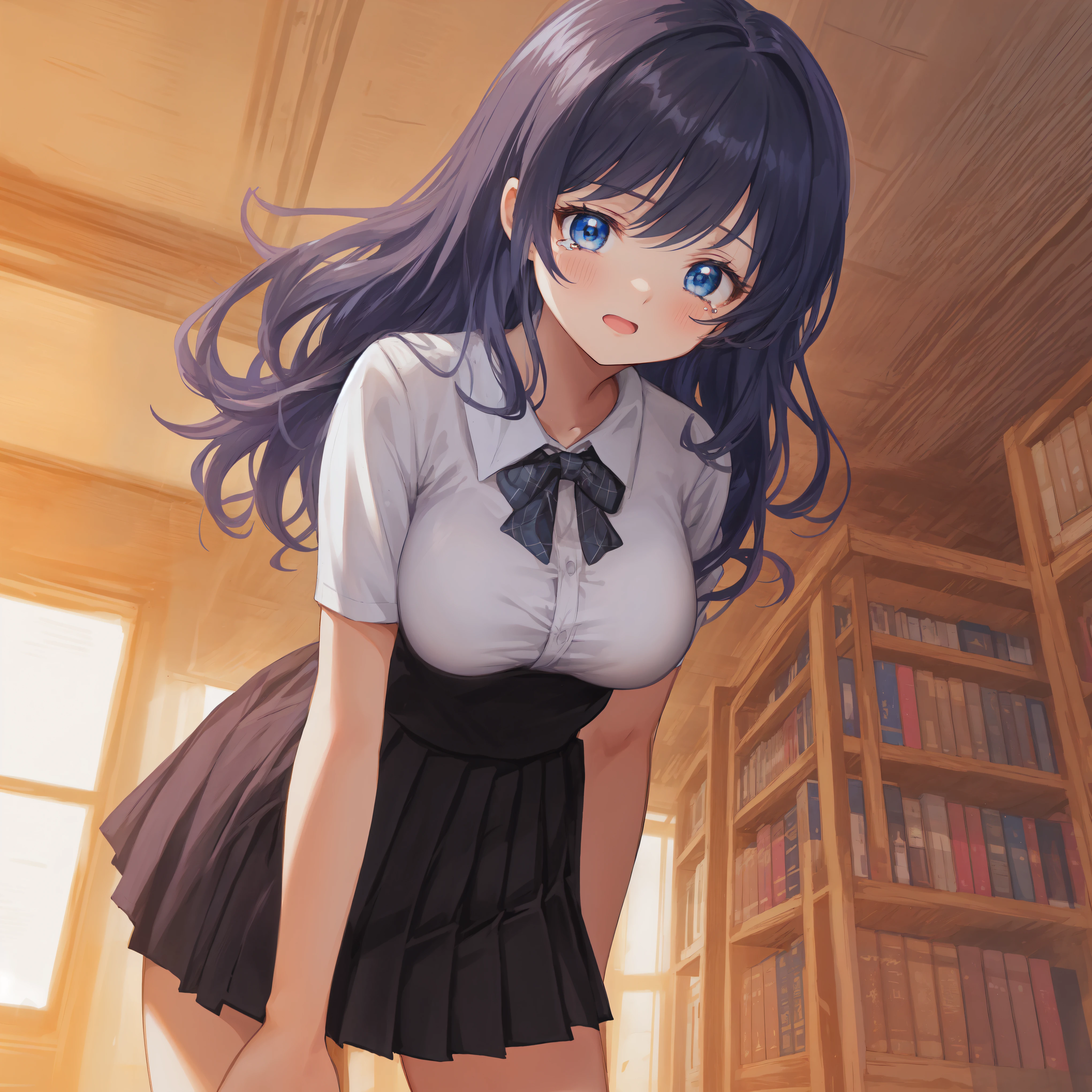 Beautiful illustrations,highest quality,pretty girl,Are crying,Cross your arms behind your back,inwardly curled hair black 1;4,From Below,{{beautiful large breasts 1:4}},Library,Bookshelf at the back,{{high school girl}},Black pleated skirt,From Below,{{beautiful large breasts 1:4}},brush,High-quality backgrounds,Slanted Eyes,Detailed shirt chest wrinkles,{{{high school girl}}},BREAK,{{beautiful blue eye1:4}},BREAK,Five fingers