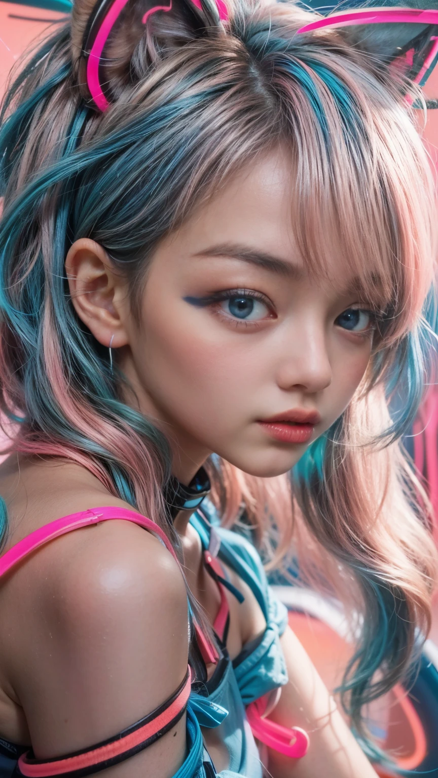 masterpiece, highest quality, 4K, Photorealistic, bokeh, enlightenment,1 perfect portrait of a girl, (A fascinating eye for perfect detail:1.2), colorful hair, (gradient hair), (neon blue and pink hair:1.6), (Cat ear:1.2), fantasy background, (exposed bare shoulders), (Neon blue long-term alienation sleeve), (lean forward a little), head tilt, movie lighting, oversized clothes, (seductive pose:1.4), (neon blue and pink background:1.6), beautiful blue eyes, close up,