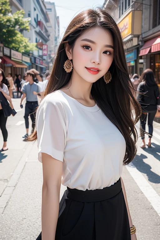 Beautiful girl: Asia, siêu dễ thương;
age: from 18-20 years old;
skin: milk white, rosy and flawless;
hair: copper orange color, smooth, lung linh dưới sunlight, detail;
eye: jet black, almond shaped, sexy, youthful, trong trẻo, siêu detail, elegant, charming, trang điểm high solution, true, bắt eye;
mí eye: delicate, Perfect Beauty;
eyebrow: cong, dear, high solution;
Face: beautiful, pure, Andromeda, light makeup, lovely, Perfect balance, đẹp đến từng detail;
nose: xinh, lovely, cao;
cheekbone: prominent;
lip: charming, light red lipstick, son bóng lovely;
răng: Beaming smile, Lily-white;
body: full of youth, khít chặt apparel;
accessory: chain, earring, bracelet;
apparel: mesh fabric, metal thread, shiny;
Fashion style: high-class, Modern 2024, luxurious;
Image quality: non-NSFW, 8K CG HD, high solution, Super nice graphics, professional, detail, colourful, ultrafine, advanced techniques, RAW true;
light: complex color combinations, black gold rays;
sunlight: twinkle, illuminate the girl&#39;s body;
Wallpaper: random, beautiful;
(((Girl standing on shopping street))), the girl smiled brightly;
Colorful street art, The photo is visually appealing;