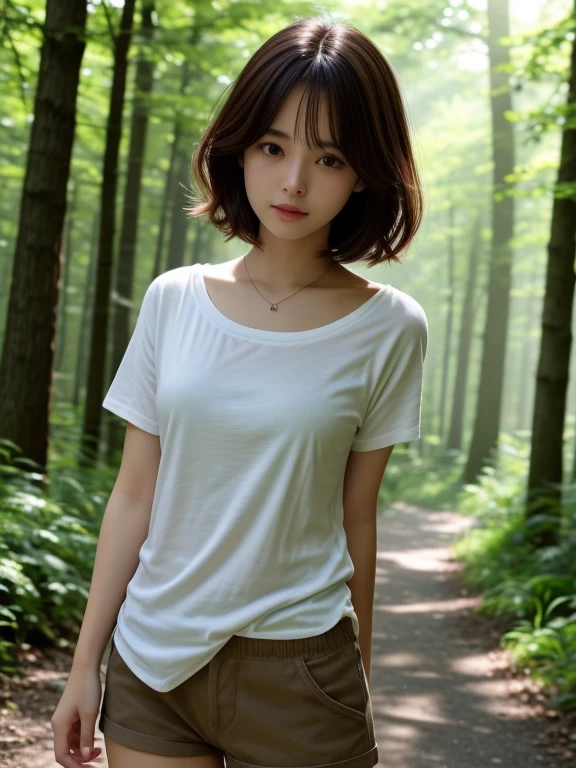 masterpiece, highest quality, High resolution, wallpaper, Realistic, Bright lighting, Professional Lighting, Face Light, Smooth lighting, Japanese Girls, ((Whole body 1.4)), cute, sad, Open your mouth and say something, shy, beautiful girl, gravure, sexy, so beautiful, Beautiful Skin, Beautiful and detailed、Detailed face、slim、Moderate, short hair, Brunette colored hair, Brown eyes, View your viewers, camisole, Shorts,Morning sun shining through a misty forest path.Small,