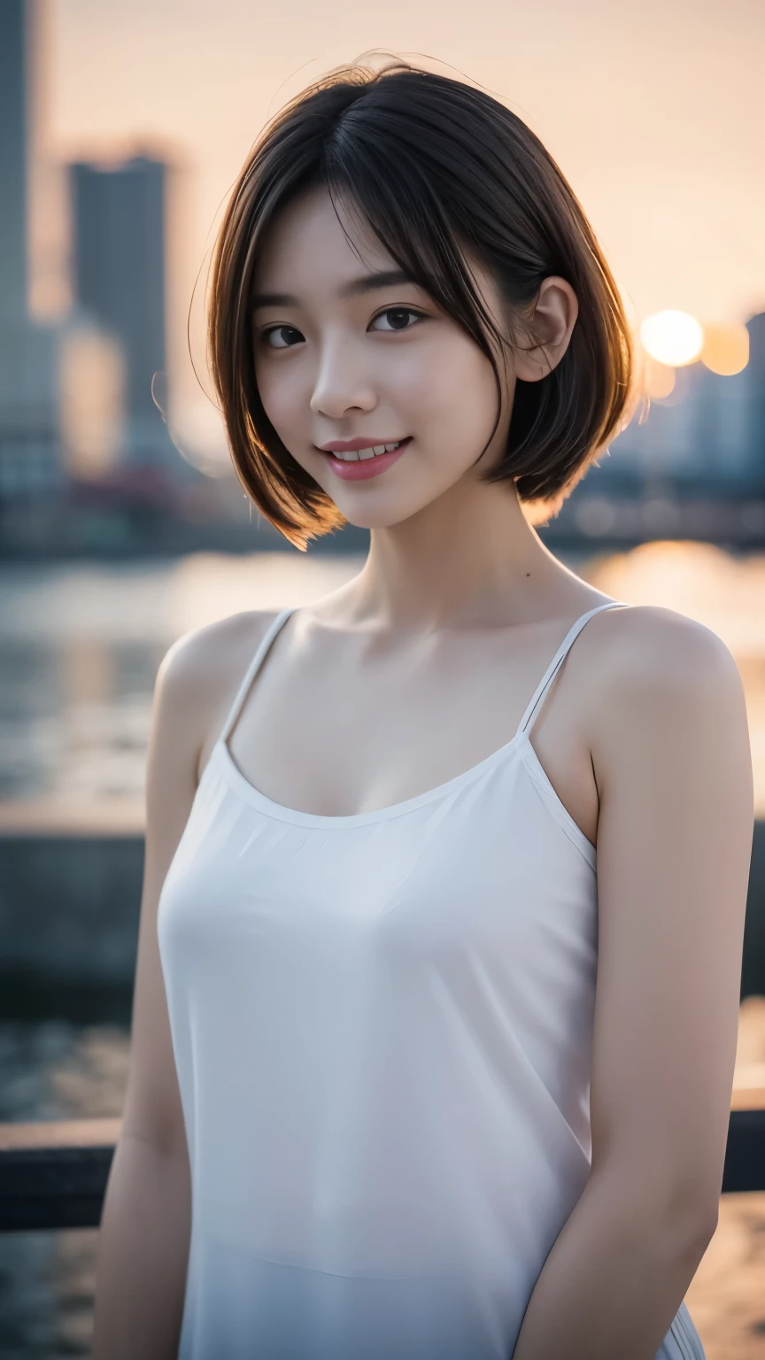 最high quality, table top, High resolution,24 years old wearing white camisole, 1 girl,very beautiful face,(Ultra-high definition image of an extremely beautiful face)(White camisole)hair ornaments,, gem diamond,realistic, New York night view、blur the background、,full body image,(high definition skin:1.2),Looking at camera with a smile,full body image 8K UHD, Digital single-lens reflex camera, in the soft and bright sunlight,high quality, volume lighting, Frank, photograph, High resolution,full body image,4K、Japanese college student、A sloppy smile、stand up straight、((((upper body photo)))),one person,short hair style、camisole