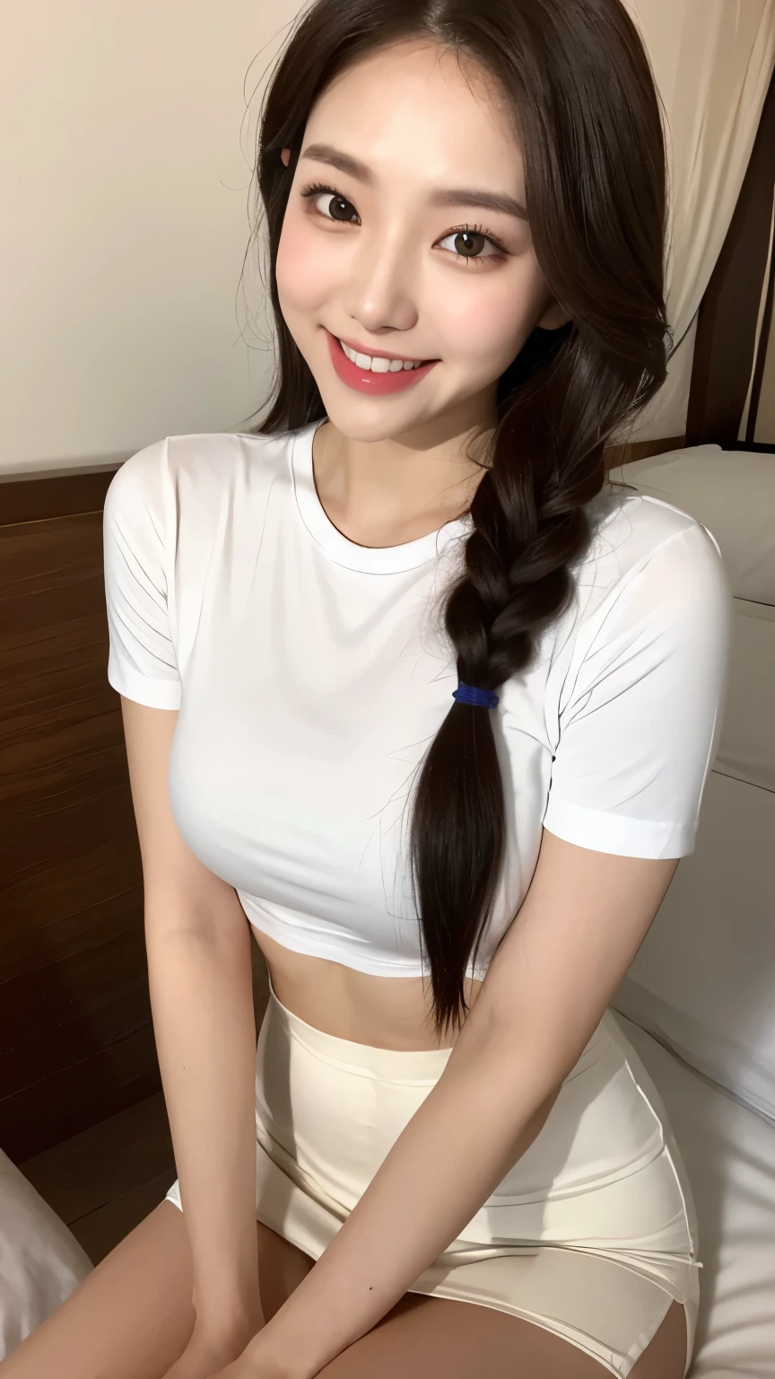 White tight shirt、White tight mini skirt、bed、smile、Short sleeve、high resolution、Korean idol face、double eyelid、White teeth