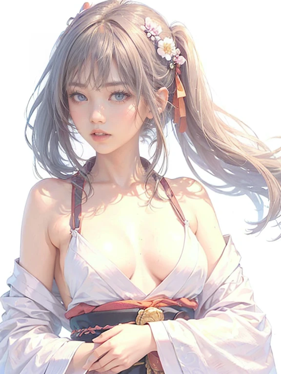 (((1 girl))),masterpiece,highest quality,Realistic,Upper Body,Long Hair,Gray Hair,Skin Texture、Beautiful Japanese Kimono、(band、peach:1.2)、The hem of the hakama is long,Milestone Celebration,White Background、Pink Coat