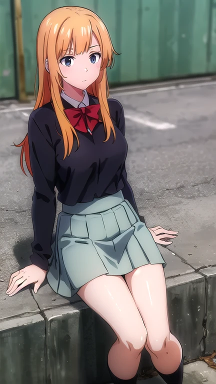 best quality,4k,8k,highres,masterpiece:1.2),umasterpiece,high quality,solo,
Orange hair, green eyes,
gray skirt, white long sleeve blouse, red bow, , green gakuran, high quality, school graffiti in the background.