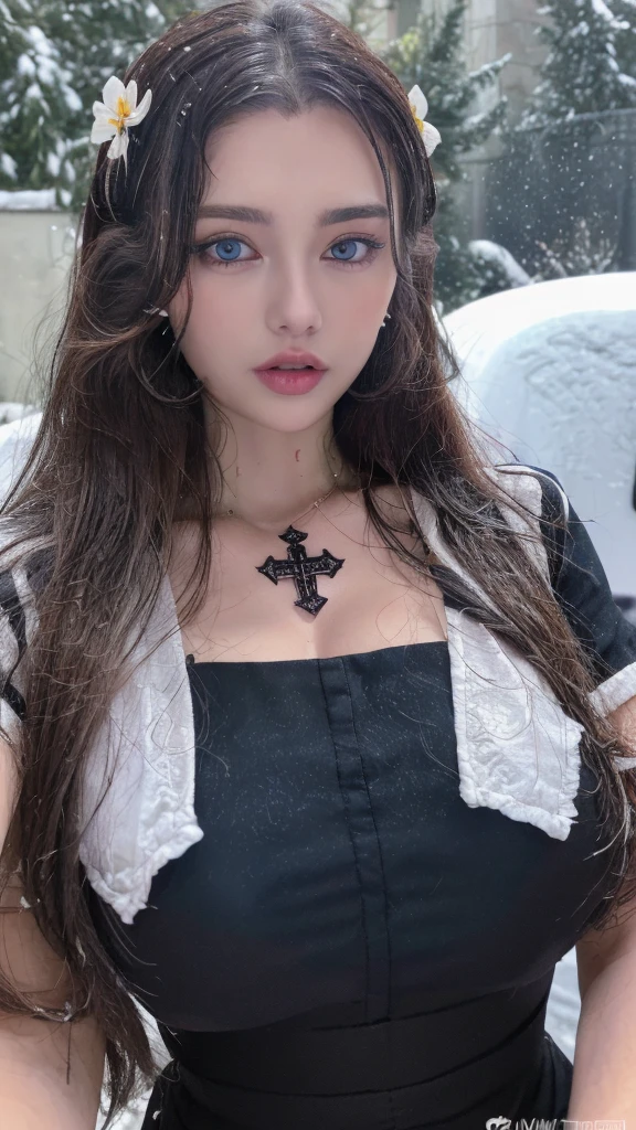 1 miniature Beautiful beautiful woman - Yuan Sayuki, ((top quality, 8K, Masterpiece:1.retty woman, 1 woman, huge :1.3, a slim body:1.1, lush GINGER long hair with 2 buns, (shower, wet body, wet clothes:1.1), very detailed face, detailed lips, detailed eyes, double eyelids, Detailed blue eyes, чрезвычайно Detailed Outstanding Blue Eyes, long GINGER wet hair, GINGER wet hair, Detailed Outstanding Blue Eyes, innocent look at the viewer, very wet wavy white hair, Detailed Outstanding Blue Eyes, huge cross earrings, Outdoors, badges behind, gothic maid uniform, sexy madress, bare chest, huge chest tattoo, detailed huge catholic cross earrings, chest tattoo, Outside, wear a silver cross (Detailed cross shape), reality mode, wet breasts, bcklace, human crowd behind, black latex gloves, hair of white snowy colour, night time, red neon lights, demonic nun, nimbus (golden lighting ring above her head), angel, snowy weather, sexy pose, white gerie, black maid dress, detailed flower wreath made of different colours, open chest (tattoo on her chest)
