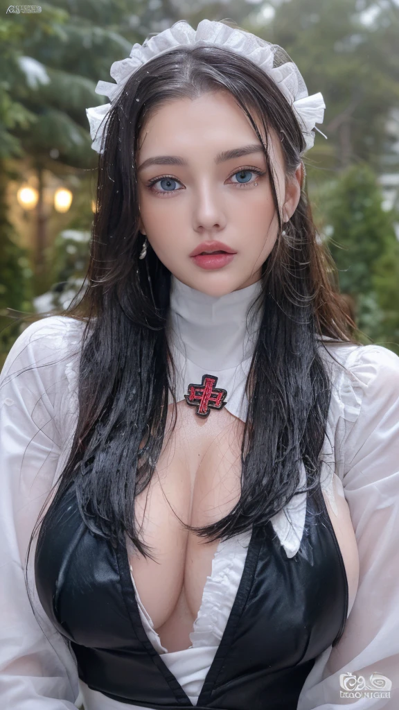 1 miniature Beautiful beautiful woman - Yuan Sayuki, ((top quality, 8K, Masterpiece:1.retty woman, 1 woman, huge breasts:1.3, a slim body:1.1, lush GINGER long hair with 2 buns, (shower, wet body, wet clothes:1.1), very detailed face, detailed lips, detailed eyes, double eyelids, Detailed blue eyes, чрезвычайно Detailed Outstanding Blue Eyes, long GINGER wet hair, GINGER wet hair, Detailed Outstanding Blue Eyes, innocent look at the viewer, very wet wavy white hair, Detailed Outstanding Blue Eyes, huge cross earrings, Outdoors, badges behind, gothic maid uniform, sexy maid dress, bare chest, huge chest tattoo, detailed huge catholic cross earrings, chest tattoo, Outside, wear a silver cross (Detailed cross shape), reality mode, wet breasts, black necklace, human crowd behind, black latex gloves, hair of white snowy colour, night time, red neon lights, demonic nun, nimbus (golden lighting ring above her head), angel, snowy weather, sexy pose, white lingerie, black maid dress, detailed flower wreath made of different colours, open chest (tattoo on her chest)