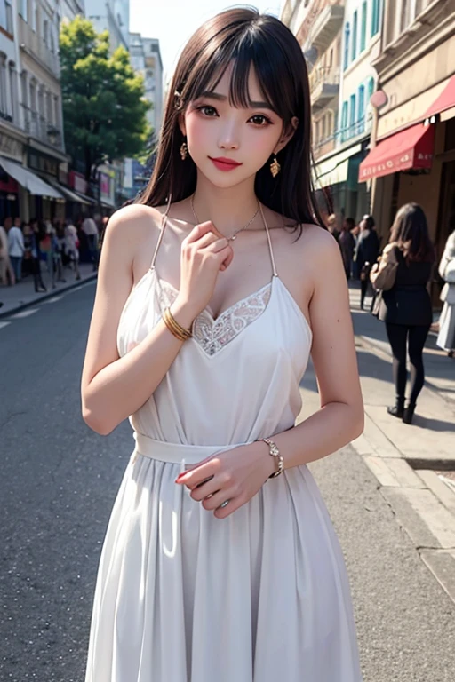 Beautiful girl: Asia, siêu dễ thương;
age: from 18-20 years old;
skin: milk white, rosy and flawless;
hair: copper orange color, smooth, lung linh dưới sunlight, detail;
eye: jet black, almond shaped, sexy, youthful, trong trẻo, siêu detail, elegant, charming, trang điểm high solution, true, bắt eye;
mí eye: delicate, Perfect Beauty;
eyebrow: cong, dear, high solution;
Face: beautiful, pure, Andromeda, light makeup, lovely, Perfect balance, đẹp đến từng detail;
nose: xinh, lovely, cao;
cheekbone: prominent;
lip: charming, light red lipstick, son bóng lovely;
răng: Beaming smile, Lily-white;
body: full of youth, khít chặt apparel;
accessory: chain, earring, bracelet;
apparel: mesh fabric, metal thread, shiny;
Fashion style: high-class, Modern 2024, luxurious;
Image quality: non-NSFW, 8K CG HD, high solution, Super nice graphics, professional, detail, colourful, ultrafine, advanced techniques, RAW true;
light: complex color combinations, black gold rays;
sunlight: twinkle, illuminate the girl&#39;s body;
Wallpaper: random, beautiful;
(((Girl standing on shopping street))), the girl smiled brightly;
Colorful street art, The photo is visually appealing;
((close-up photo 1/2 girl bodies));