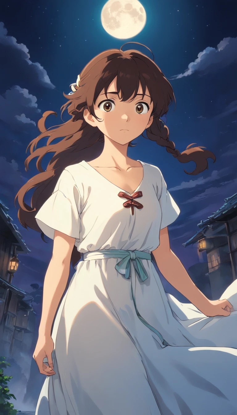 Wearing a white dress、Beautiful girl with dark brown curly hair one young woman,Has charming dark brown curly hair,Tied up、A striking figure silhouetted against the eerie moonlight。Her eyes were full of tears and betrayal、This reflects the pain she feels deep inside..。There was a look of despair on her face.、There'There is a rebellious spark in her soul,Refuse to extinguish.。Her Hall々His firm attitude and strength, Determined gaze、It tells the story of perseverance in the face of betrayal..。