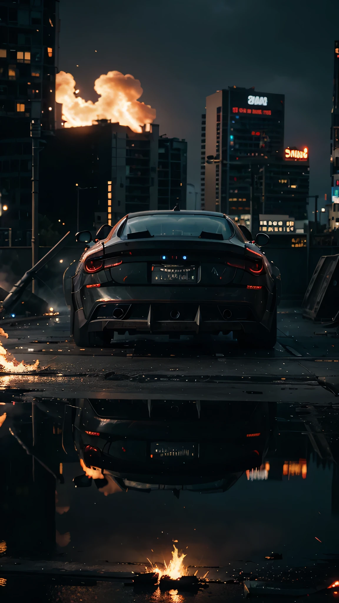 Ultrarealistic 8k batmobile on fire cyberpunk city