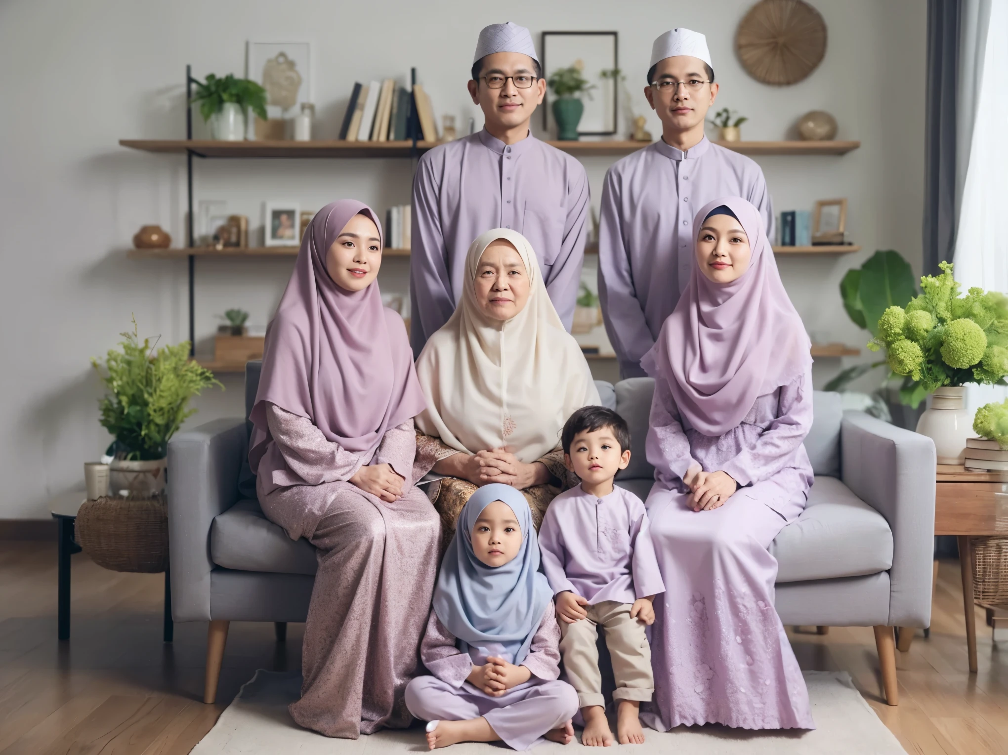 Family photo in Indonesia, seven members, 80-year-old grandmother, two adult men and two adult women aged 45, one 7-year-old girl and one 3-year-old boy, all wearing coordinated navy Malay Muslim clothing and matching sharia long dresses, wearing hijabs, realistic photo, living room background, daylight lighting, green flower vase, detailed, best photography, uhd, 32k