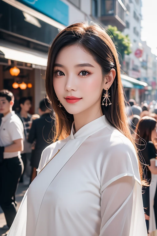 Beautiful girl: Asia, siêu dễ thương;
age: from 18-20 years old;
skin: milk white, rosy and flawless;
hair: copper orange color, smooth, lung linh dưới sunlight, detail;
eye: jet black, almond shaped, sexy, youthful, trong trẻo, siêu detail, elegant, charming, trang điểm high solution, true, bắt eye;
mí eye: delicate, Perfect Beauty;
eyebrow: cong, dear, high solution;
Face: beautiful, pure, Andromeda, light makeup, lovely, Perfect balance, đẹp đến từng detail;
nose: xinh, lovely, cao;
cheekbone: prominent;
lip: charming, light red lipstick, son bóng lovely;
răng: Beaming smile, Lily-white;
body: full of youth, khít chặt apparel;
accessory: chain, earring, bracelet;
apparel: mesh fabric, metal thread, shiny;
Fashion style: high-class, Modern 2024, luxurious;
Image quality: non-NSFW, 8K CG HD, high solution, Super nice graphics, professional, detail, colourful, ultrafine, advanced techniques, RAW true;
light: complex color combinations, black gold rays;
sunlight: twinkle, illuminate the girl's body;
Wallpaper: random, beautiful;
(((Girl standing on shopping street))), the girl smiled brightly;
Colorful street art, The photo is visually appealing;
((ảnh cận cạnh Face detail của cô gái));