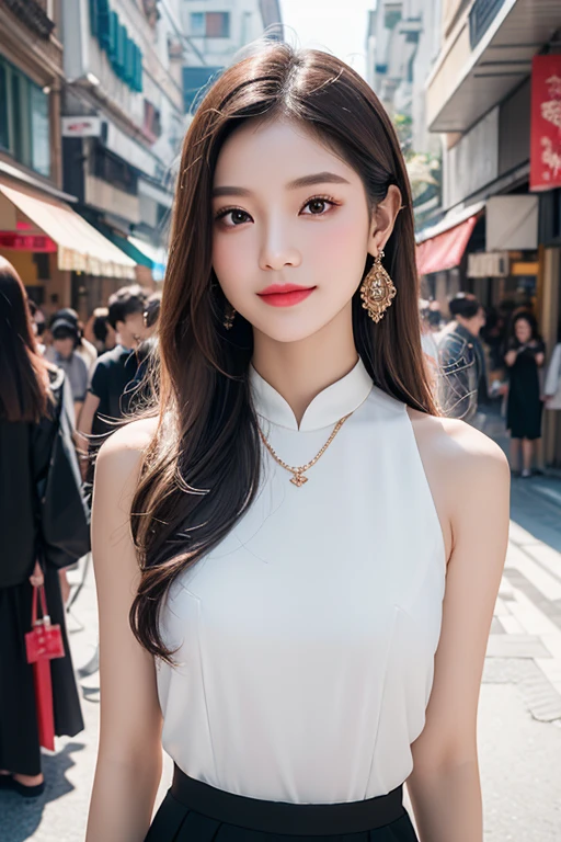 Beautiful girl: Asia, siêu dễ thương;
age: from 18-20 years old;
skin: milk white, rosy and flawless;
hair: copper orange color, smooth, lung linh dưới sunlight, detail;
eye: jet black, almond shaped, sexy, youthful, trong trẻo, siêu detail, elegant, charming, trang điểm high solution, true, bắt eye;
mí eye: delicate, Perfect Beauty;
eyebrow: cong, dear, high solution;
Face: beautiful, pure, Andromeda, light makeup, lovely, Perfect balance, đẹp đến từng detail;
nose: xinh, lovely, cao;
cheekbone: prominent;
lip: charming, light red lipstick, son bóng lovely;
răng: Beaming smile, Lily-white;
body: full of youth, khít chặt apparel;
accessory: chain, earring, bracelet;
apparel: mesh fabric, metal thread, shiny;
Fashion style: high-class, Modern 2024, luxurious;
Image quality: non-NSFW, 8K CG HD, high solution, Super nice graphics, professional, detail, colourful, ultrafine, advanced techniques, RAW true;
light: complex color combinations, black gold rays;
sunlight: twinkle, illuminate the girl's body;
Wallpaper: random, beautiful;
(((Girl standing on shopping street))), the girl smiled brightly;
Colorful street art, The photo is visually appealing;
((ảnh cận cạnh Face detail của cô gái));