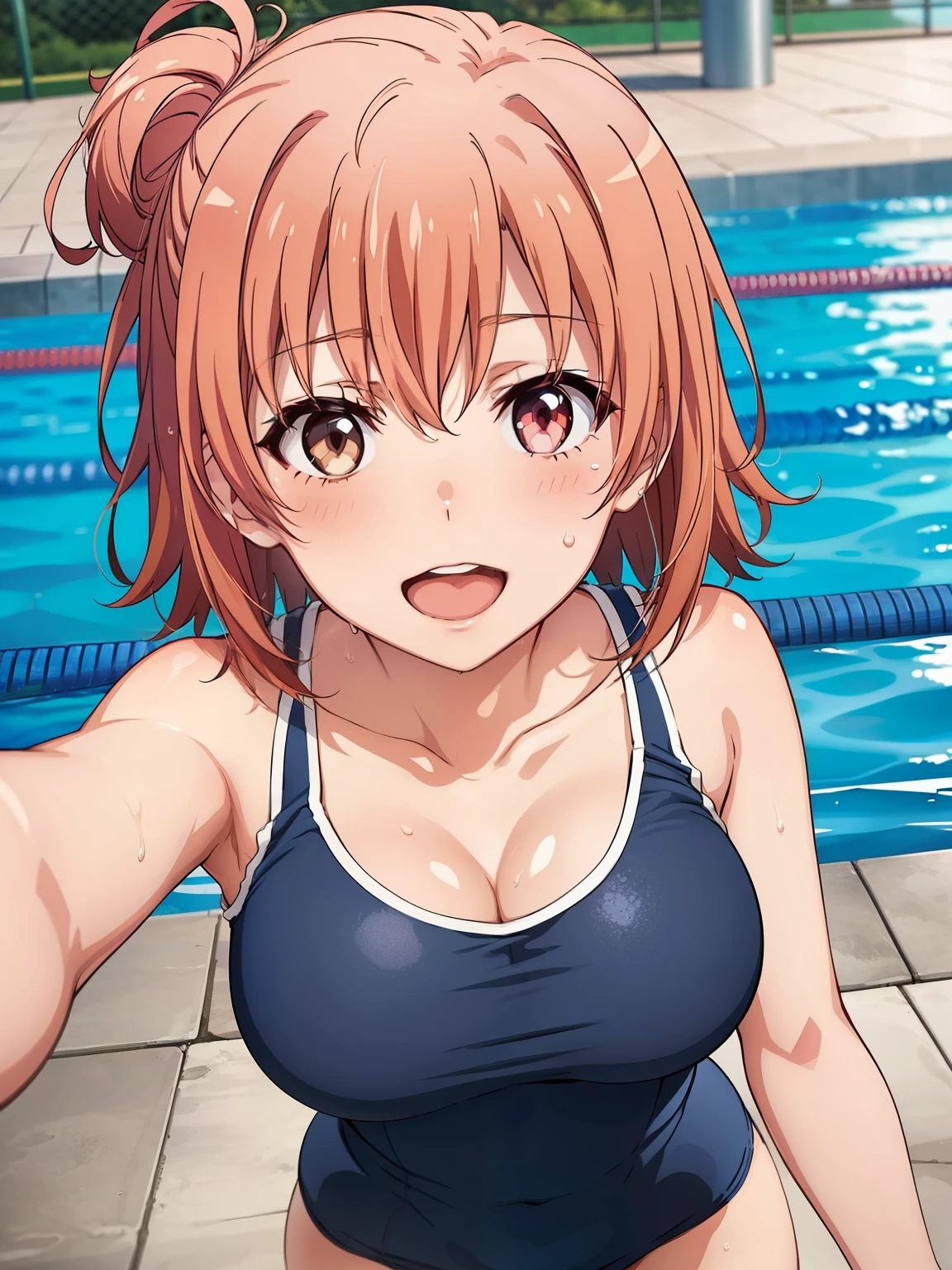 ((highest quality, High resolution,  Perfect Pixel,  4k)), (1 girl),  (Beautiful Anime Girls), 
Watching the audience, 
Perfect body, 

yuigahama yui, short hair, (Big Breasts)、Brown eyes、Detailed eyes、

(blush), smile、Open your mouth small、
(School Swimsuit:1.2)、(Sweat)、Cleavage、Wet Hair、
Selfie、Focus on the chest、
summer、Pool、cloud、