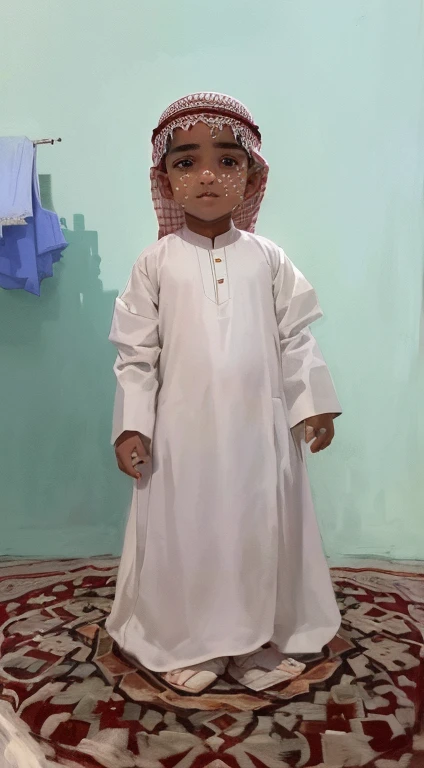 arafed boy in a white dress standing on a carpet, reyyan, dressed thobe, wearing traditional garb, wearing authentic attire, ismail, inspired by Fathi Hassan, inspired by Sheikh Hamdullah, traditional clothes, 4yr old, traditional dress, riyahd cassiem, traditional costume, 2 years old, traditional clothing, mohamed chahin