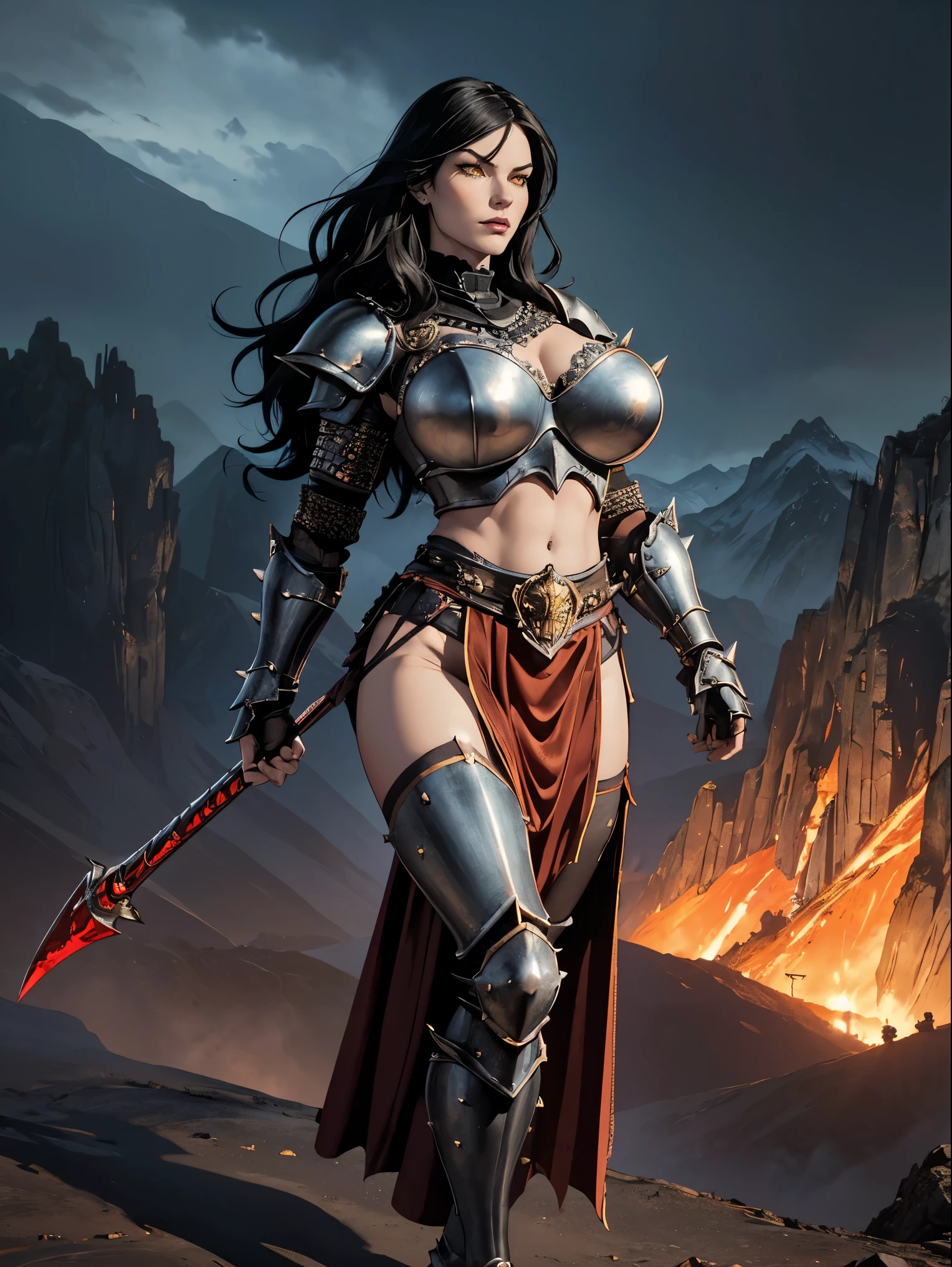 (masterpiece, top quality, best quality, official art, beautiful and aesthetic:1.2), (1girl:1.3), ((Sharp facial features, sharp features, hawkish features)), ((pale skin, orange eyes, big hair, long black hair)), big tiddy chaos warrior girl, extremely detailed, portrait, looking at viewer, solo, (full body:0.6), detailed background, full-body shot, (hot desert mountain theme:1.1), chaos warrior, (spiky helmet), charlatan, smirk, mysterious, swaying in mountains, armor, red metal, brass trim, long boots, dual axes, blood red fabric, pelvic curtain, loincloth, black leather, ((((armored, gigantic breasts, long legs, pelvic curtain)))), cute belly button, toned tummy, slim waist, slim hips, long legs, medieval (mountain exterior:1.1) background, dark mysterious lighting, shadows, magical atmosphere, dutch angle