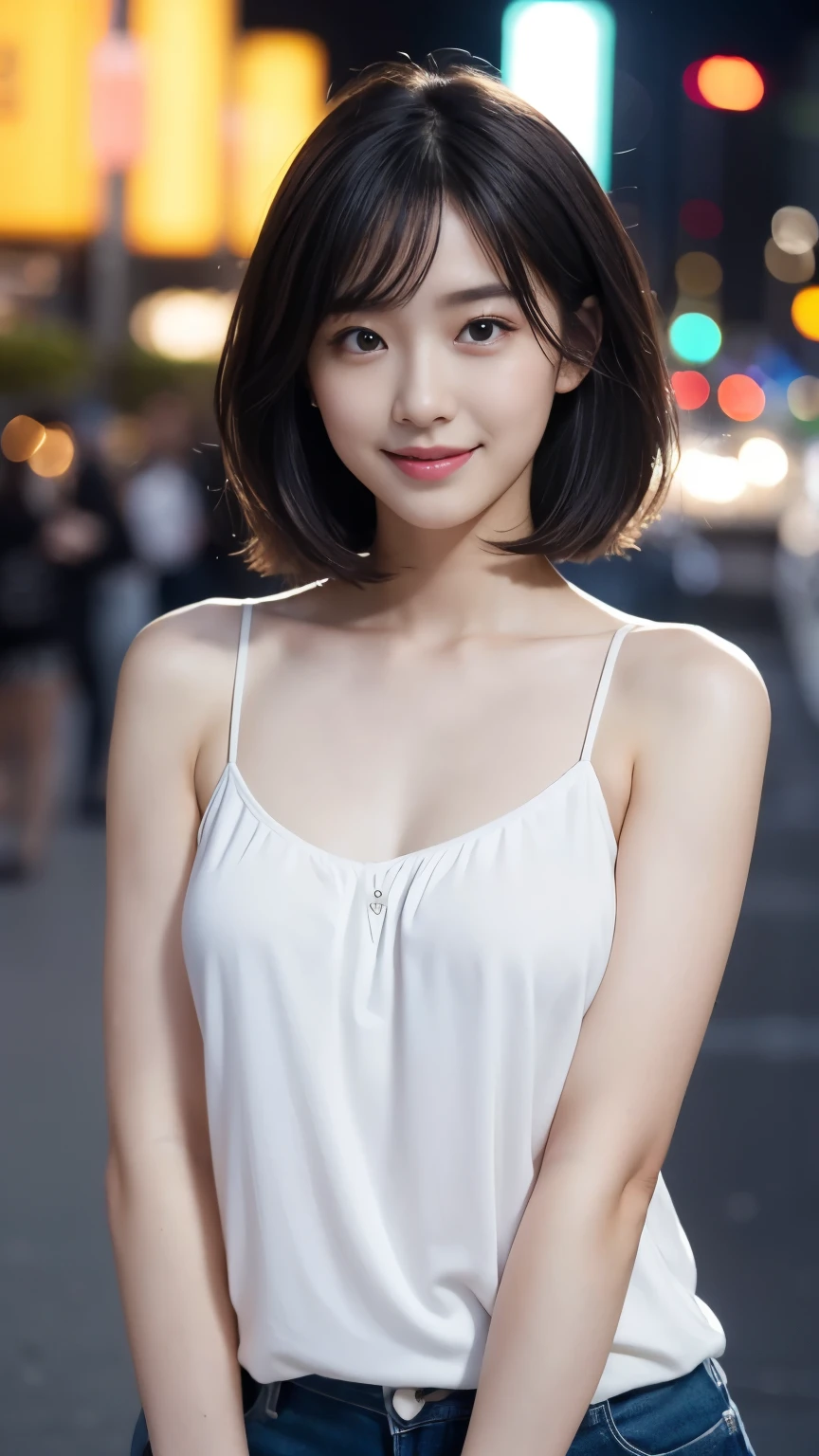 最high quality, table top, High resolution,24 years old wearing white camisole, 1 girl,very beautiful face,（Ultra-high definition image of an extremely beautiful face）（black camisole）hair ornaments,, gem diamond,realistic, New York night view、blur the background、,full body image,(high definition skin:1.2),Looking at camera with a smile,full body image 8K UHD, Digital single-lens reflex camera, in the soft and bright sunlight,high quality, volume lighting, Frank, photograph, High resolution,full body image,4K、Japanese college student、A sloppy smile、stand up straight、((((upper body photo)))),one person,short hair style、camisole