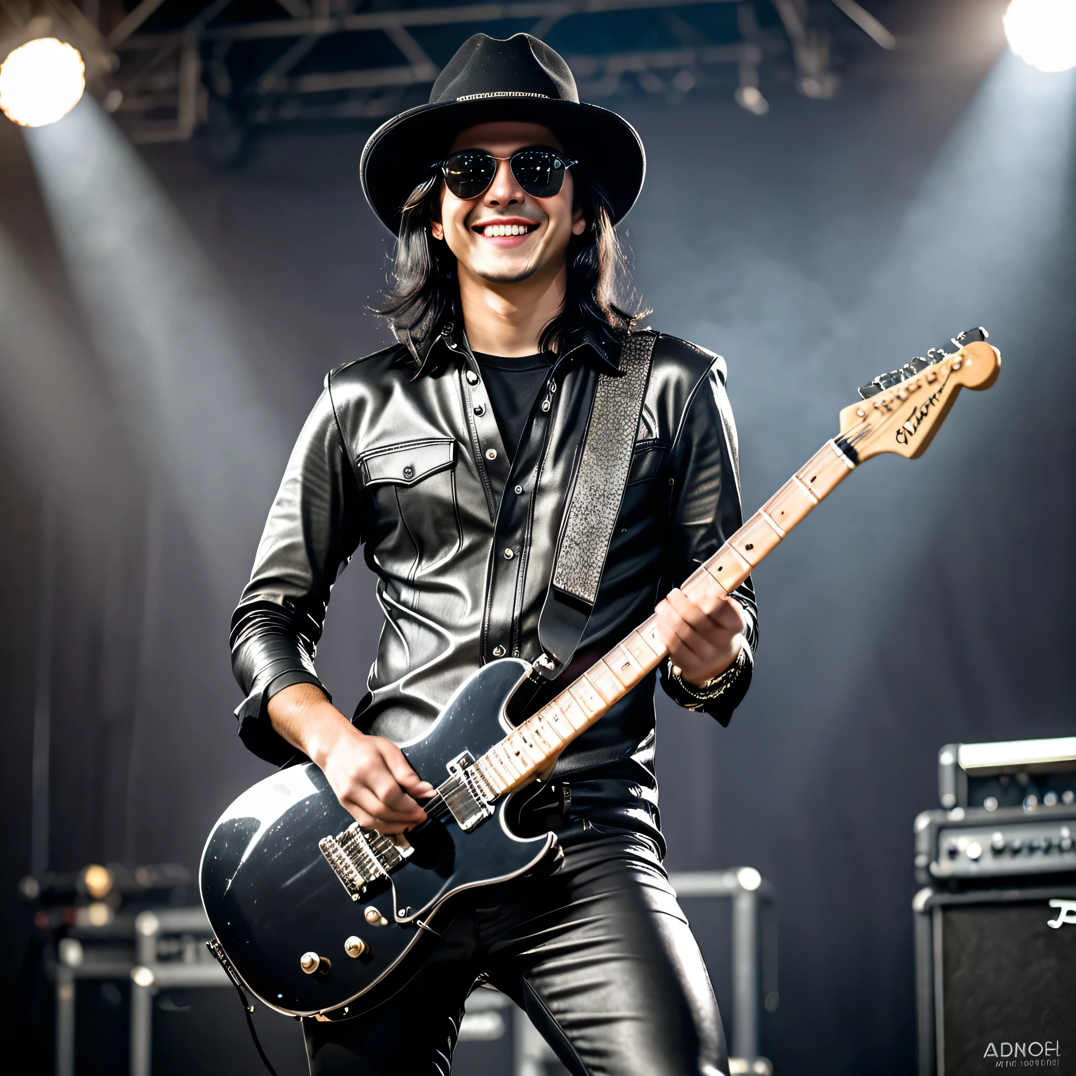 A young man, with shoulder-length straight black hair, black sunglasses, black hat with silver details, holding a metalhead electric guitar, black leather shirt, shiny black pants, smiling, without a beard. full body, fingers correctly on the guitar,bokeh effect, atmospheric perspective, 8k , super detail, accurate, best quality, award winning, textured skin, high resolution, anatomically correct
