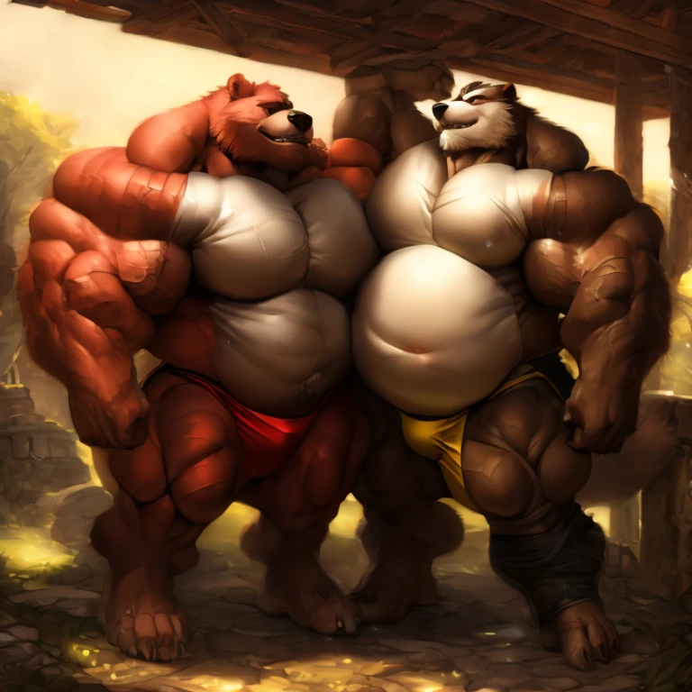 ((Masterpiece)),((Hight quality)),((Hught Detailed)),((Realistic,)) Anime Artistic masterpiece art, Concept anime art, Kemono art, Furry character, Kemono art, Full body pic, Shonen Anime style, full body image, Dungeons and Dragons style, Anthropomorphic Obese teen bear (strong legs and arms) Heroes with his partner. The other teen Wolf (bulky) They are both big massive, very strong, muscular and obese, They are working repair a house