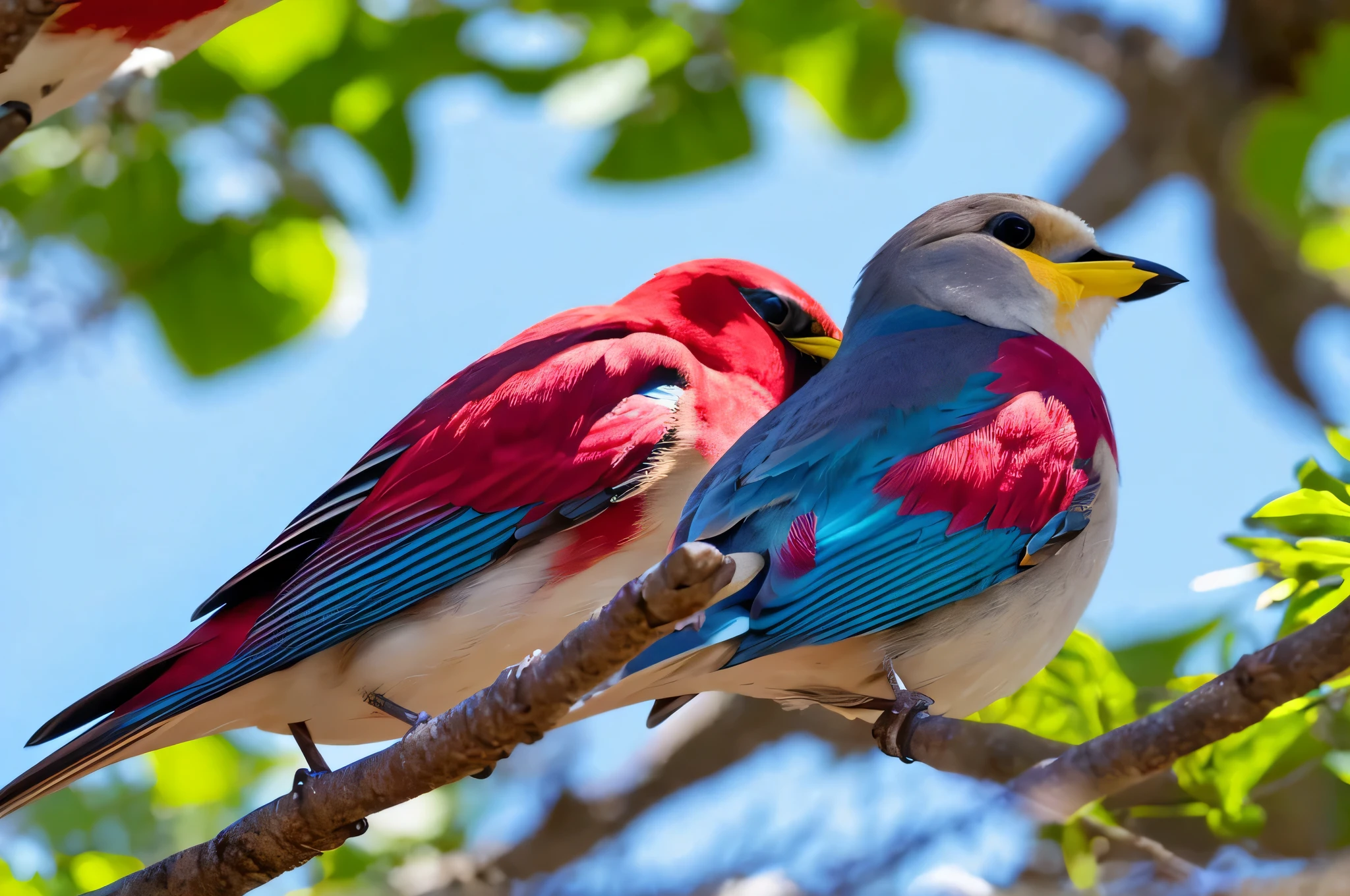 There is a bird sitting on a branch, Stunning contrasting background, high detailed colors, Vibrant true colors, Details and vibrant colors, Vivid and realistic colors, Deep, lush and vibrant colors, Full view blank background, Vibrant cool tones, Background artwork, Vibrant colors. Clear focus. Wow!, Amazing colors, 8k high quality detailed art, Extreme detail resolution