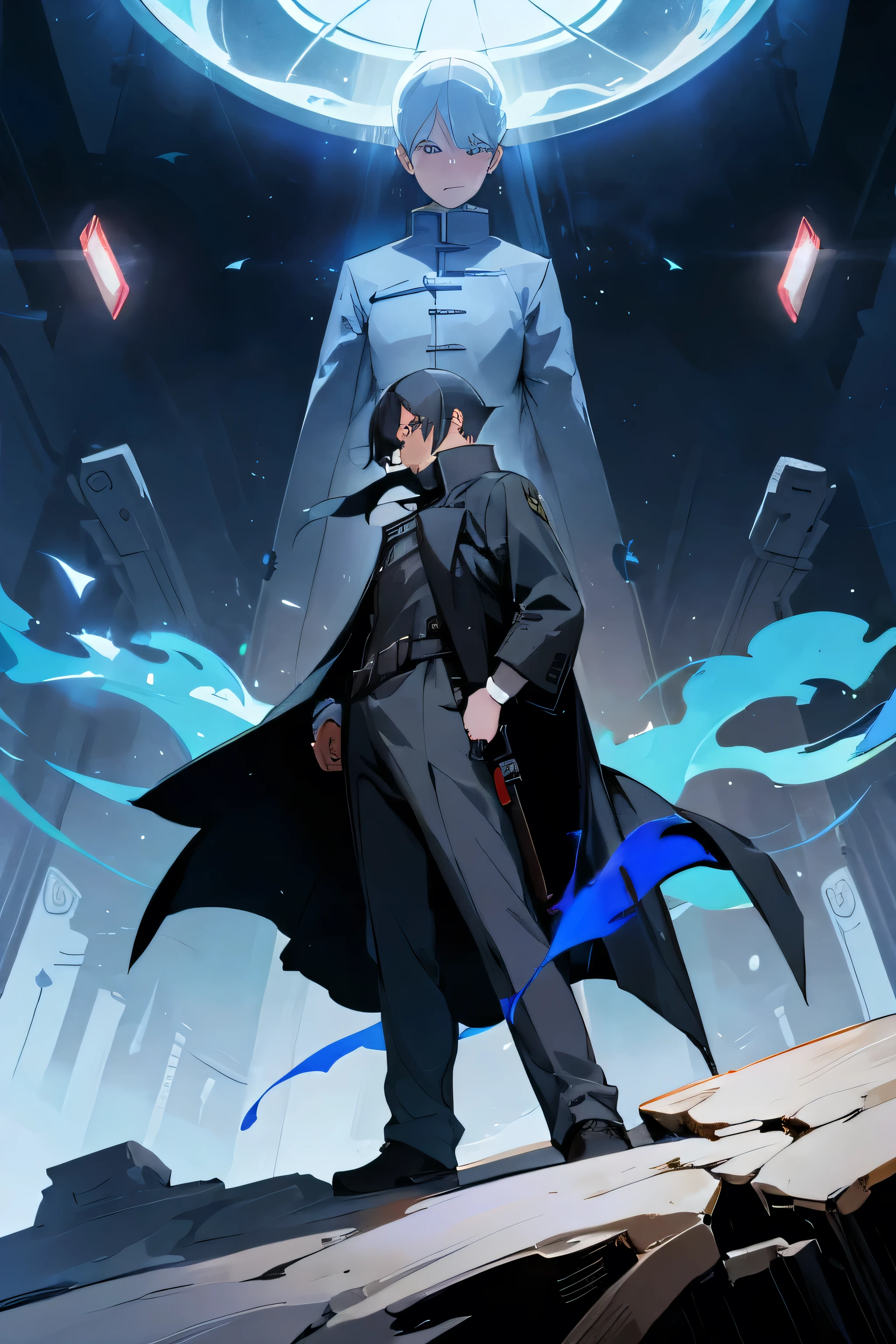 Futuristic, man, Mage, holding gun, wearing an overcoat