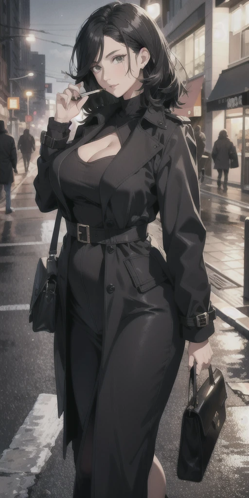 Mature woman, messy hair, black hair, mature face, hot face, big breasts, curvy body, trench coat, night, sidewalk, smoking