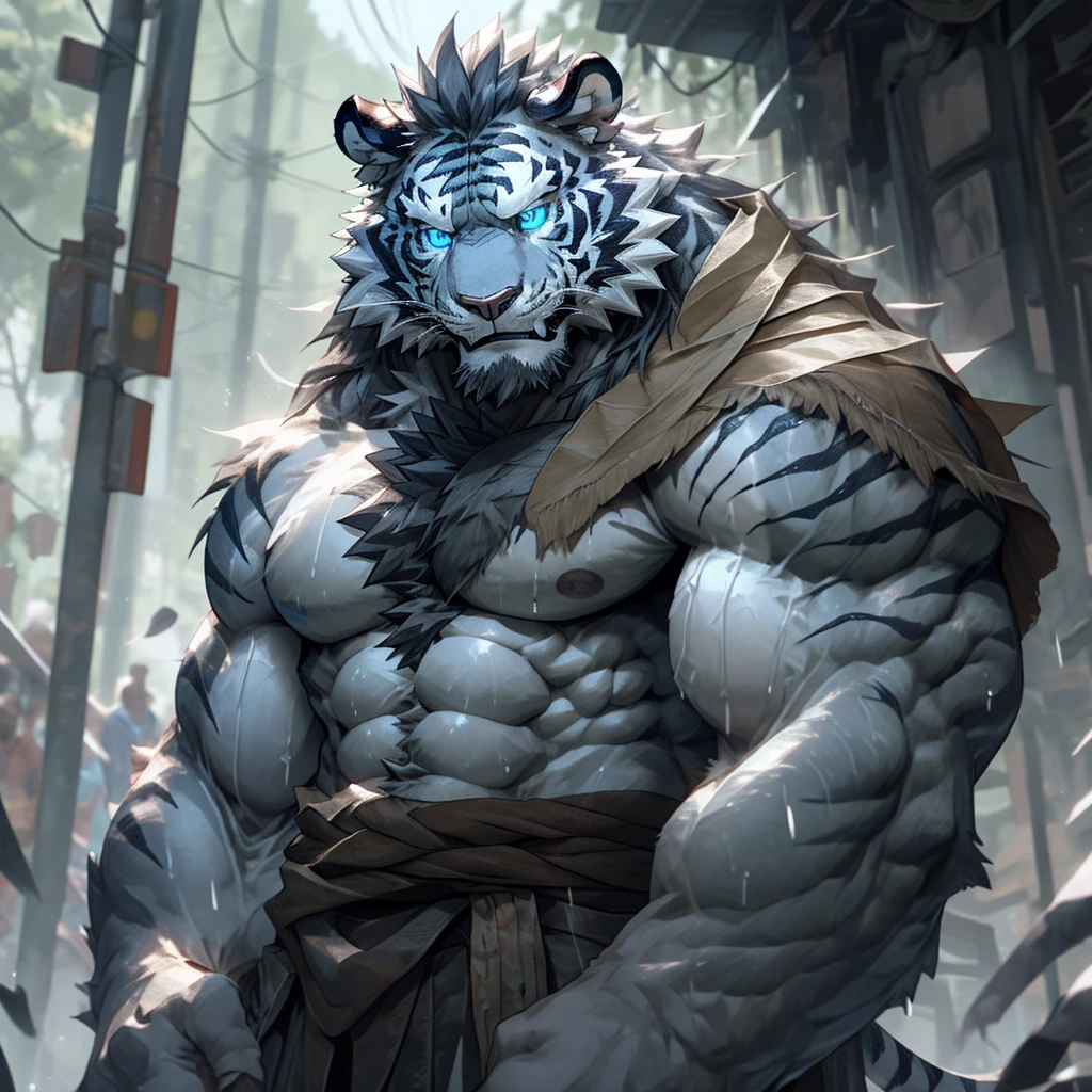 sweaty muscular topless rainy village hairy anthropomorphic chest hair serious face（Scar on face） Mature （Blue eyes）Huge muscular ripped abs wild，White Tiger of Tribal Ambition