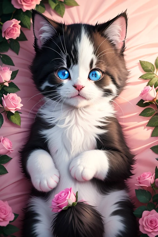 Small adorable black and white kitten with blue eyes laying by pink roses.