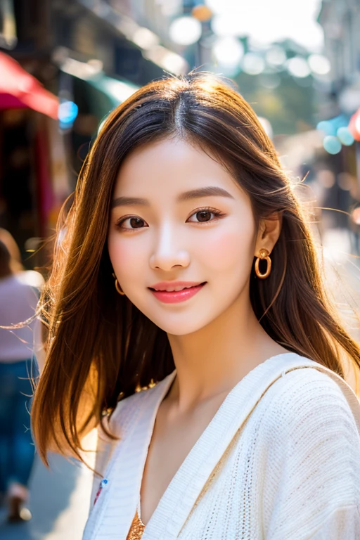 Beautiful girl: Asia, siêu dễ thương;
age: from 18-20 years old;
skin: milk white, rosy and flawless;
hair: copper orange color, smooth, lung linh dưới sunlight, detail;
eye: jet black, almond shaped, sexy, youthful, trong trẻo, siêu detail, elegant, charming, trang điểm high solution, true, bắt eye;
mí eye: delicate, Perfect Beauty;
eyebrow: cong, dear, high solution;
Face: beautiful, pure, Andromeda, light makeup, lovely, Perfect balance, đẹp đến từng detail;
nose: xinh, lovely, cao;
cheekbone: prominent;
lip: charming, light red lipstick, son bóng lovely;
răng: Beaming smile, Lily-white;
body: full of youth, khít chặt apparel;
accessory: chain, earring, bracelet;
apparel: mesh fabric, metal thread, shiny;
Fashion style: high-class, Modern 2024, luxurious;
Image quality: non-NSFW, 8K CG HD, high solution, Super nice graphics, professional, detail, colourful, ultrafine, advanced techniques, RAW true;
light: complex color combinations, black gold rays;
sunlight: twinkle, illuminate the girl&#39;s body;
Wallpaper: random, beautiful;
(((Girl standing on shopping street))), the girl smiled brightly;
Colorful street art, The photo is visually appealing;
((close-up photo 1/2 girl bodies));