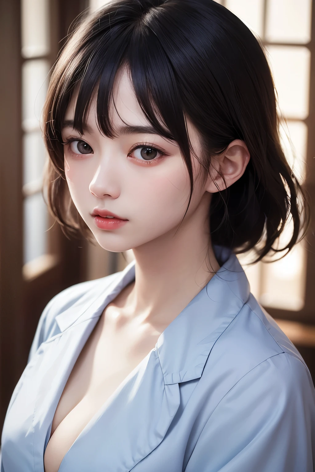 (1 nogizaka girl,raw photo,photo realistic:1.5),(best quality, high quality,HDR, highest quality,ultra high resolution,high resolution,high res,ultra high difinition,huge file size,8K,2K wallpaper,8K wallpaper,high quality texture,amazing,an extremely delicate:1.4),one girl, Japanese famous idol,beautiful face,small face,absurd,ridiculous,incredibly ridiculous,portrait,breasts close up,blurry background,(nurse uniform,cleavage,no makeup:1.2),medium skin,beautiful skin,detailed skin,small head,black hair,silky hair,(Japanese eyes:1.3),detailed eyes,black eyes,Japanese idol eyes,perfectly propotioned face,Japanese nose,5-fingers,(Light Particles, Lens Flare, Luminous Particles: 0.7),looking at viewer,bright lighting,professional lighting,girl