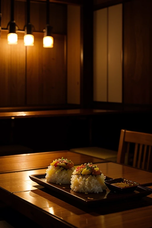 Japanese food served in a low-lit restaurant 