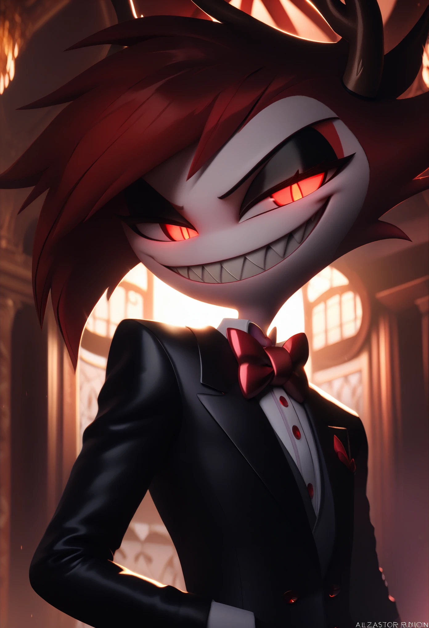  Alastor (radio demon) Hazbin hotel, perfect anatomy, mesmerizing red eyes, antlers, 8k resolution, (Single person), masterpiece, (perfect face:1.2), intricate details, luxury detailed palace background, 32k, cinematic lighting, volumetric lighting, masterpiece, best quality, 1guy, solo, animal ears, sharp teeth, red eyes, bow, smile, looking at viewer, slit pupils, bowtie, red hair, grin, multicolored hair, jacket, suit , cartoon