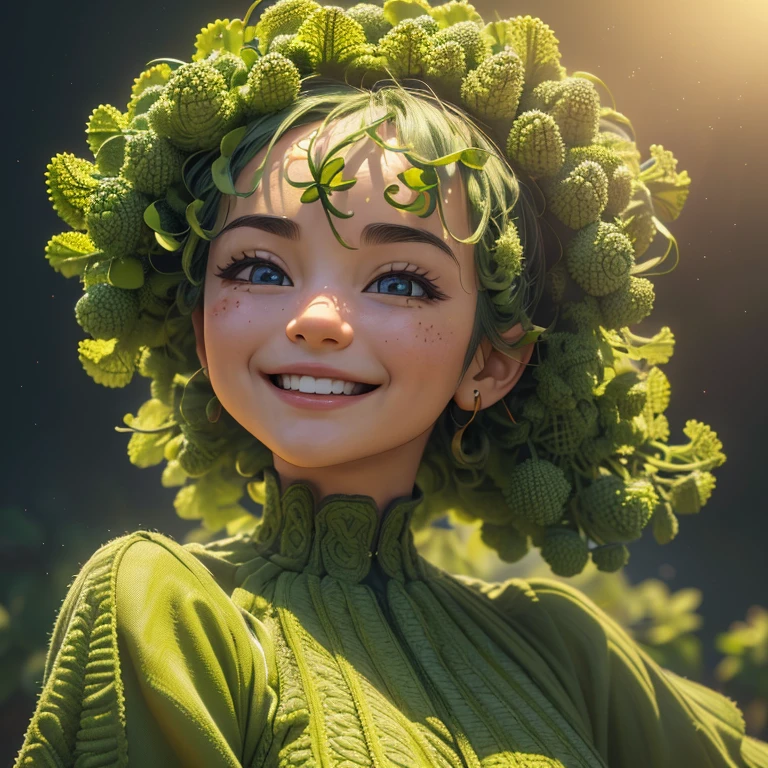 (best quality,4k,8k,highres,masterpiece:1.2),ultra-detailed,(realistic,photorealistic,photo-realistic:1.37),single character made of wild vegetables,flying,smiling,Romanesco,Anpanman,headbutt,warrior,large head,cute girl,anime style,colours and tones inspired by wild vegetables, vibrant lighting