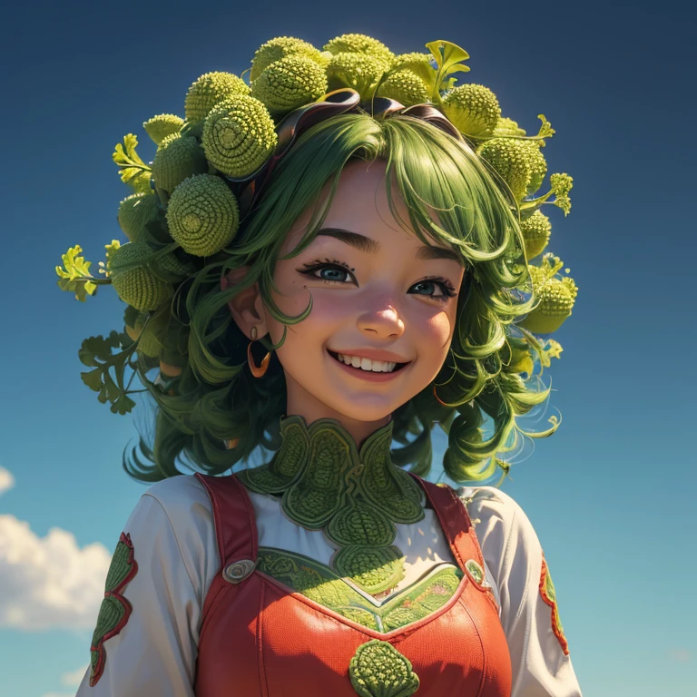 (best quality,4k,8k,highres,masterpiece:1.2),ultra-detailed,(realistic,photorealistic,photo-realistic:1.37),single character made of wild vegetables,flying,smiling,Romanesco,Anpanman,headbutt,warrior,large head,cute girl,anime style,colours and tones inspired by wild vegetables, vibrant lighting