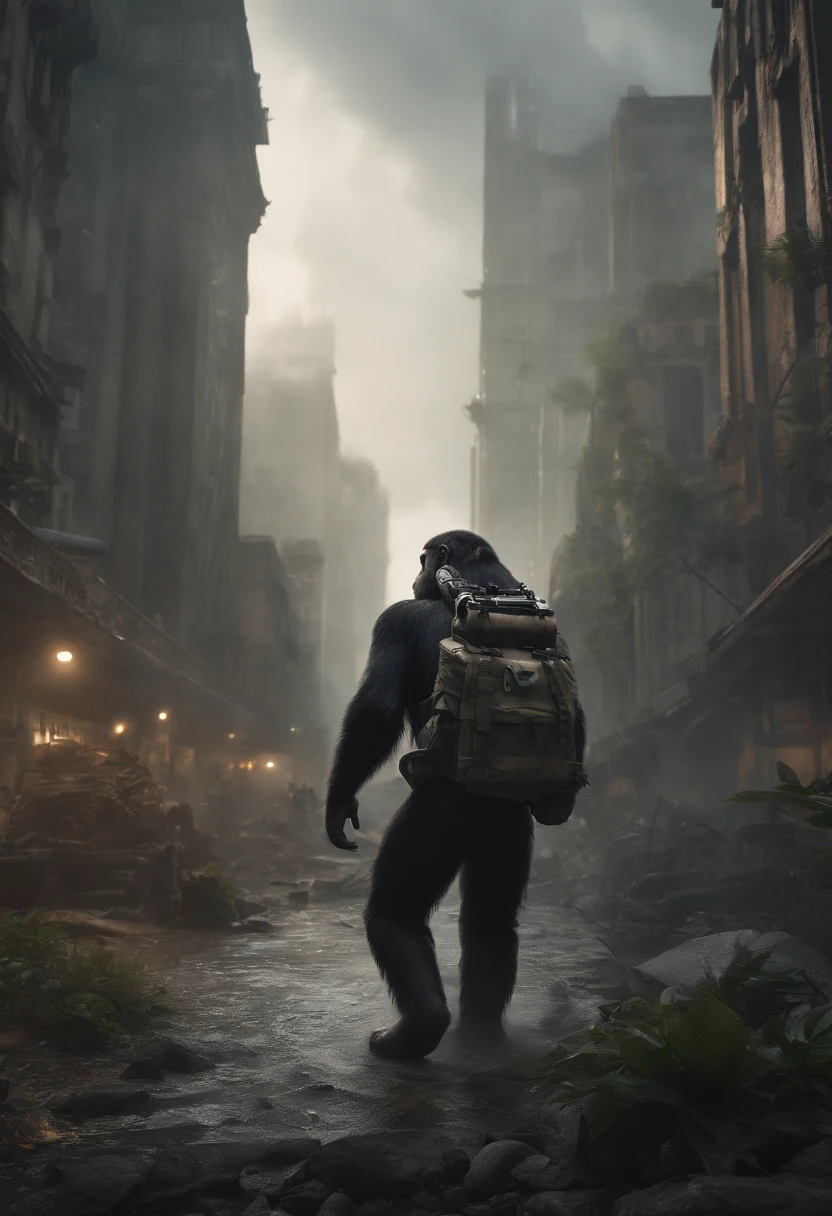 (best quality,4k,8k,highres,masterpiece:1.2),ultra-detailed,(realistic,photorealistic,photo-realistic:1.37),sci-fi,dystopian,apes,human-like apes,ape civilization,evolved apes,advanced technology,apocalyptic urban landscape,ruined city,statue of liberty destroyed,debris-filled streets,futuristic skyscrapers,overgrown vegetation,collapsed buildings,dust-filled air,ominous atmosphere,desolate wasteland,overcast sky,dark and moody lighting,heavy rain pouring,dynamic composition,dramatic perspective,depth of field effect,detail-rich environment,character custome design,modernistic fashion,jungle camouflage,weaponized apes,armed with advanced weapons,leader of the apes,ape generals,embroidered ape insignias,foreboding expressions,storm troopers guarding the civilization,complex society,language-rich communication,ape architecture blending nature and technology,monumental ape structures,massive holograms displaying ape history,ape scriptures on the walls,lost human remnants,empty theaters showing classic movies,flashback scenes of the human world,human books being studied by apes,human artifacts on display,research laboratories filled with advanced technology,colossal ape laboratory,experimental gene manipulation,apes with enhanced intelligence,ape scientists in white lab coats,modern ape transportation,flying vehicles gliding in the sky,hovering drones monitoring the city,beautiful detailed eyes,strong facial expressions,unique hair styles,post-apocalyptic fashion,contrasting color palette between nature and technology,blurred background,saturated colors,soft natural lighting,reflection on wet surfaces,transparent raindrops,subtle mist effect,highly detailed textures,endless possibilities.