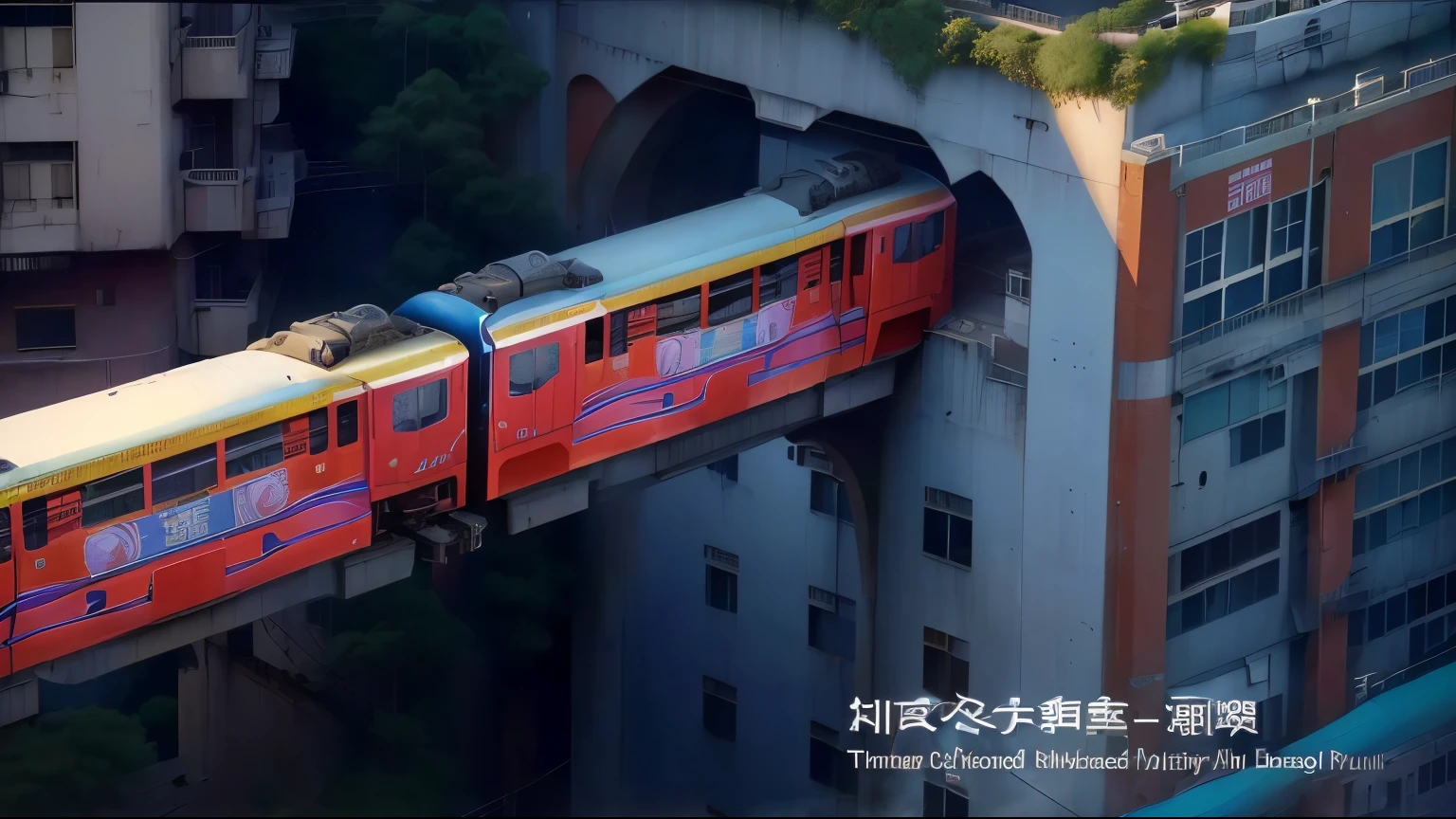 Alafud train on a bridge over a city street, Monorail, screenshot, trailer, Monorail station, interesting composition, screenshot, Hyper-realistic lens, Unusual composition, Li Zixin, surreal, sha xi, by Liang Kai, Inspired by Cheng Jiasui, Not likely, YouTube 视频screenshot