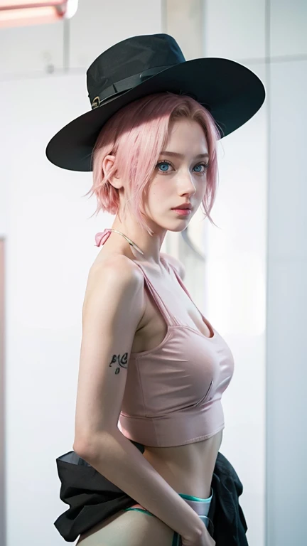 young woman, short shoulder-length pink hair, wide forehead, porcelain skin, pink eyebrows, big emerald green eyes, buttoned nose, full lips, heart-shaped face, slender body, small breasts, red tank top, Sakura Haruno , realistic, realism, details, 3d, well detailed