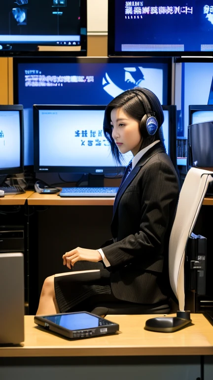 Many women in business suits sitting at desks with computers and monitors, figure