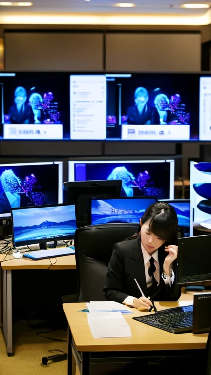 Many women in business suits sitting at desks with computers and monitors, figure