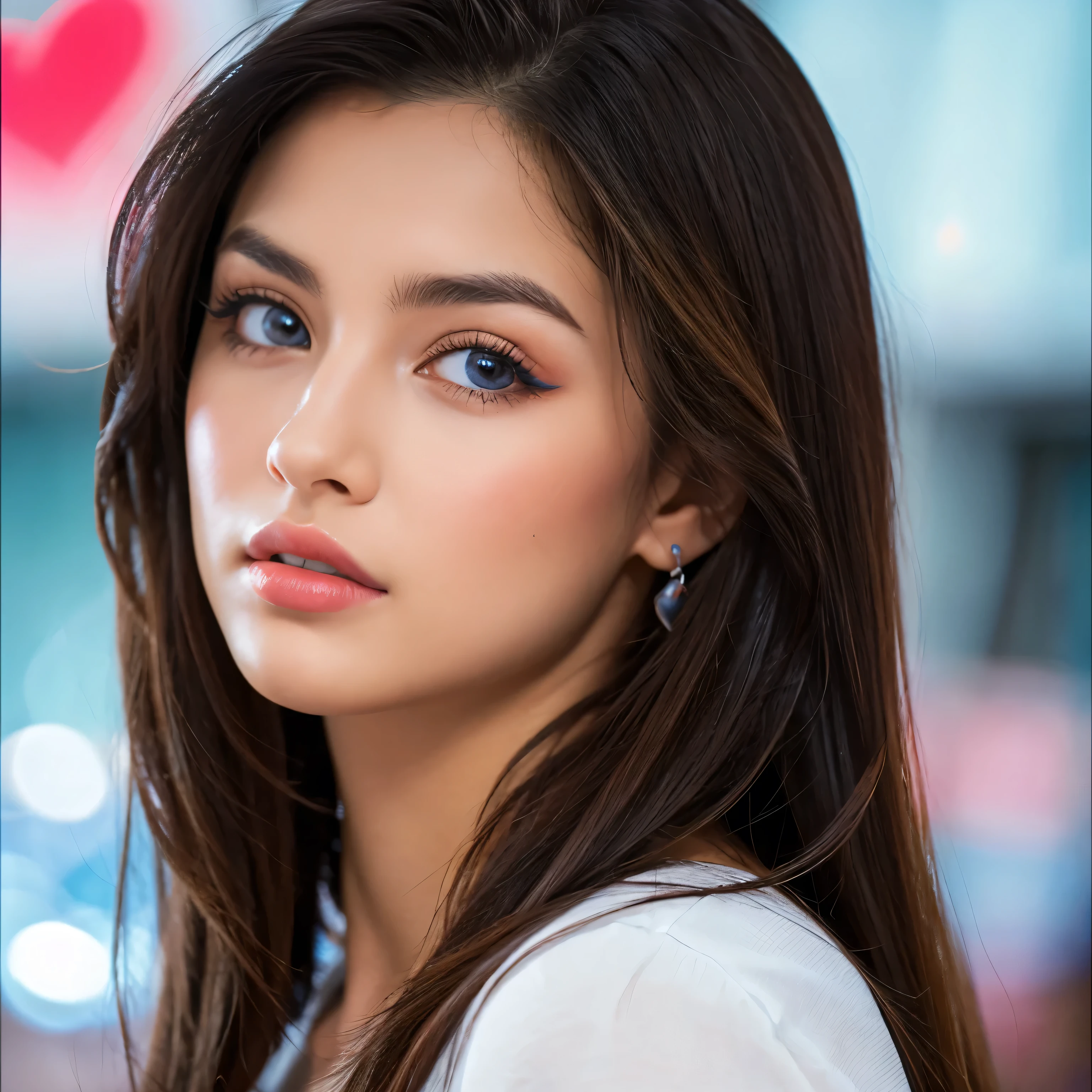 Mujer asombrosamente hermosa, joven, albina, ojos azules, heart shaped lips, rojos