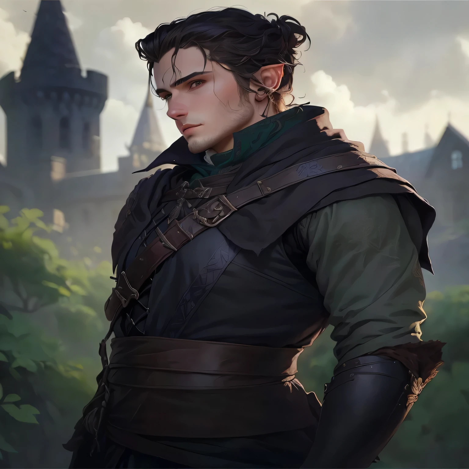 imagem arafada de um homem com roupa medieval parado em frente a um castelo, a portrait of um elfo masculino, retrato de barbatana wildcloak, retrato de personagem dnd de corpo inteiro, Caleb from Critical Role, handsome guy in demon slayer art, inspirado em Kris de Deltarrune, Edmund Blair e Charlie Bowater, um elfo masculino, elfo ranger masculino